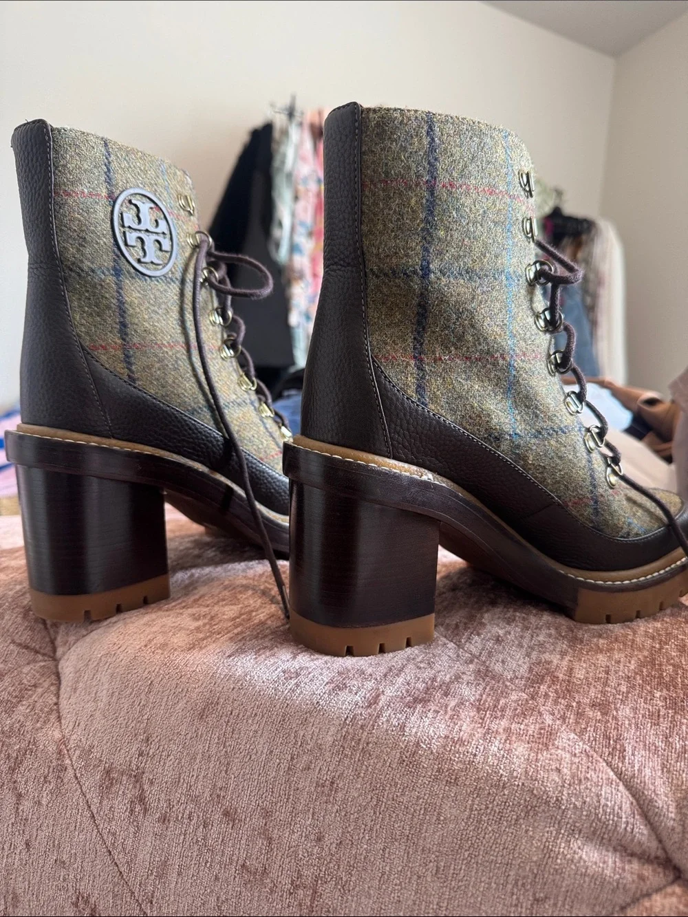 TORY BURCH Tweed Lace-Up Block Heel Ankle Boots - Olive Plaid - Picture 7 of 10